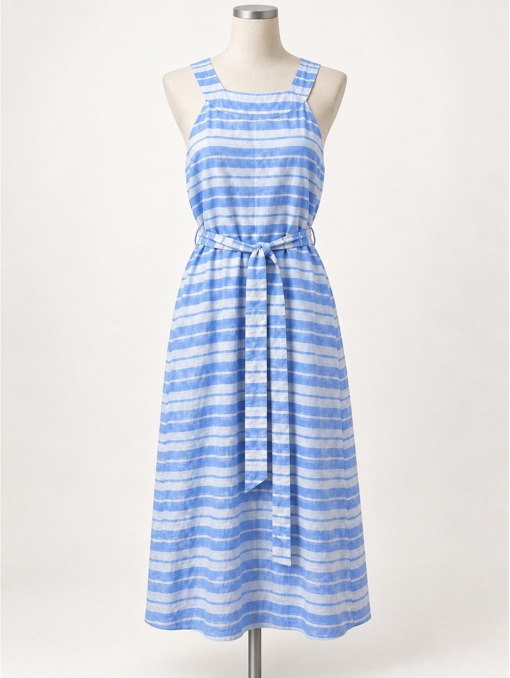 Sigrid Olsen Women’s 6 100% Linen Blue White Stripe Belted Sleeveless Dress